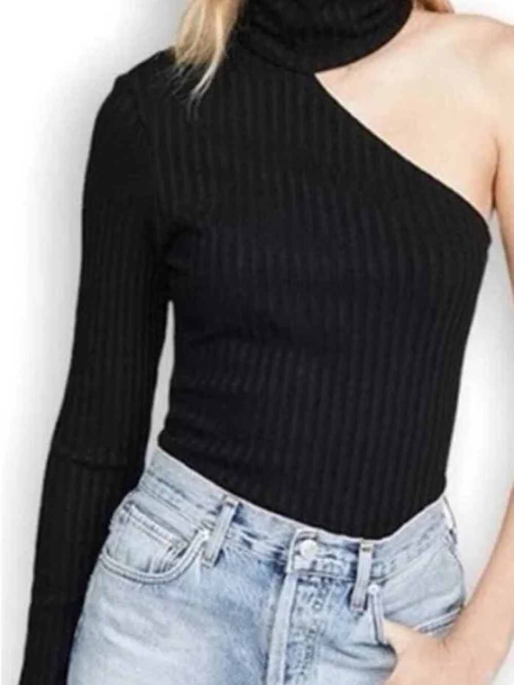 One-Shoulder Ribbed Knit Top - Black